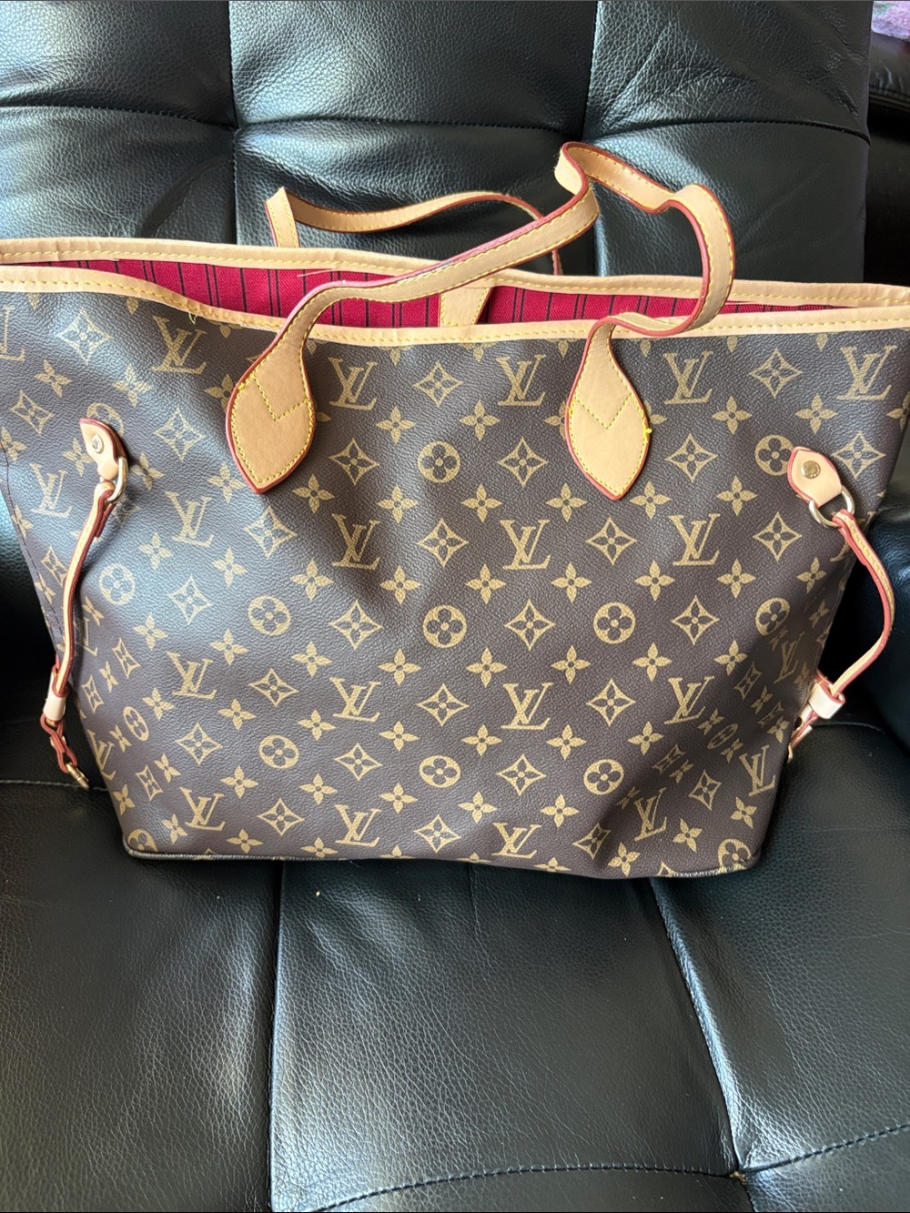 NO BRAND Brown Monogram Canvas Tote with Pink Lining